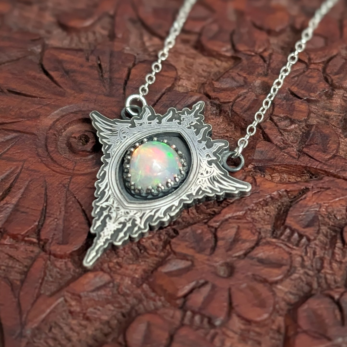 Bright Opal Gothic Mirror Pendant Necklace