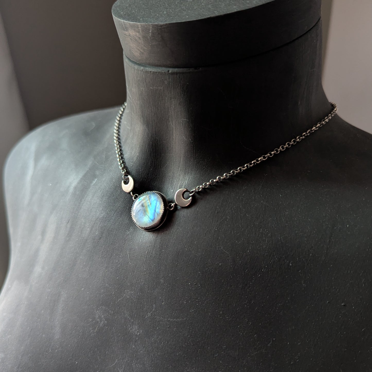 925 Sterling Silver Rainbow Moonstone Dainty Celestial Necklace | 15-17"