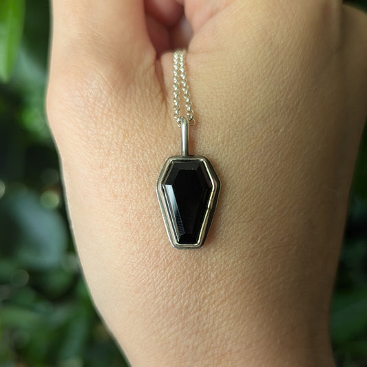 Sterling Silver Black Spinel Coffin Pendant Necklace 18"