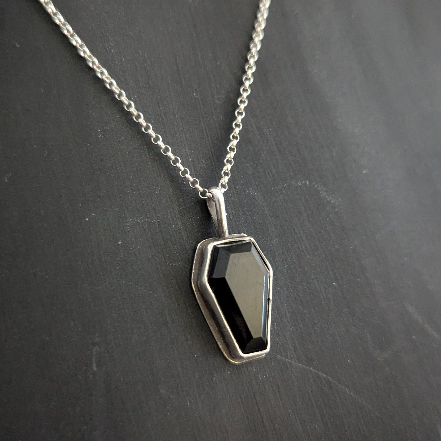 Sterling Silver Black Spinel Coffin Pendant Necklace 18"