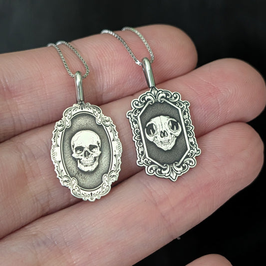 Sterling Silver Gothic Skull Cat Pendant Necklace - Custom Engraving