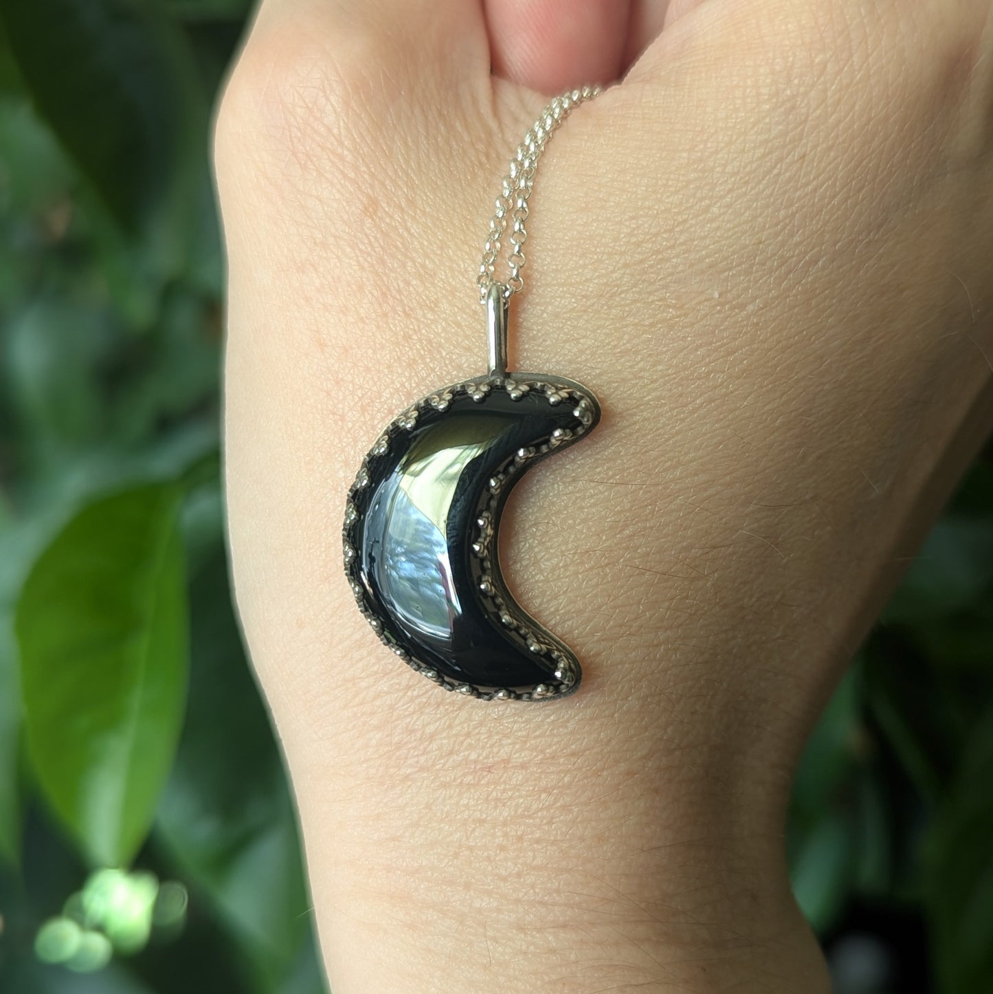 Sterling Silver Black Obsidian Crescent Moon Pendant Necklace 18"