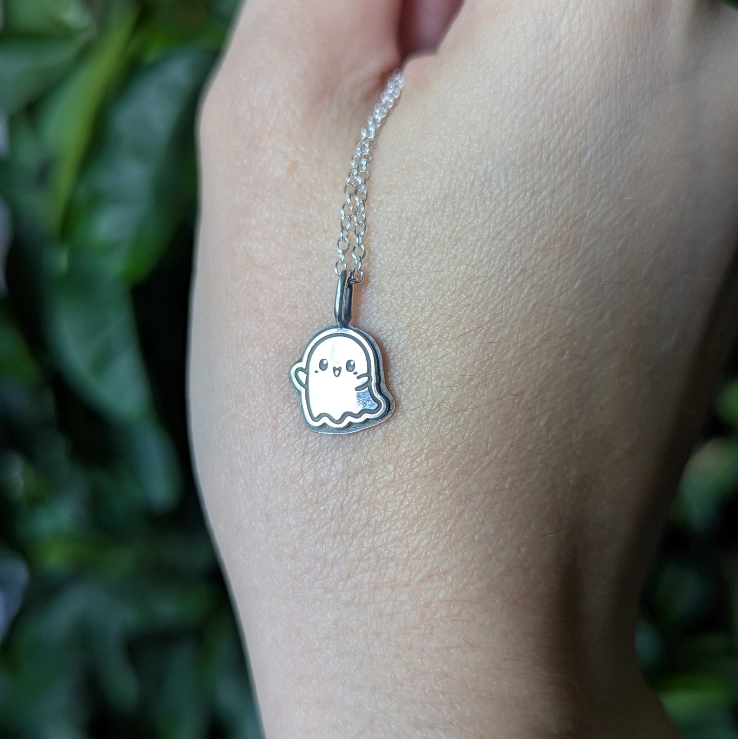 925 Sterling Silver Cute Ghost Pendant Necklace 18"