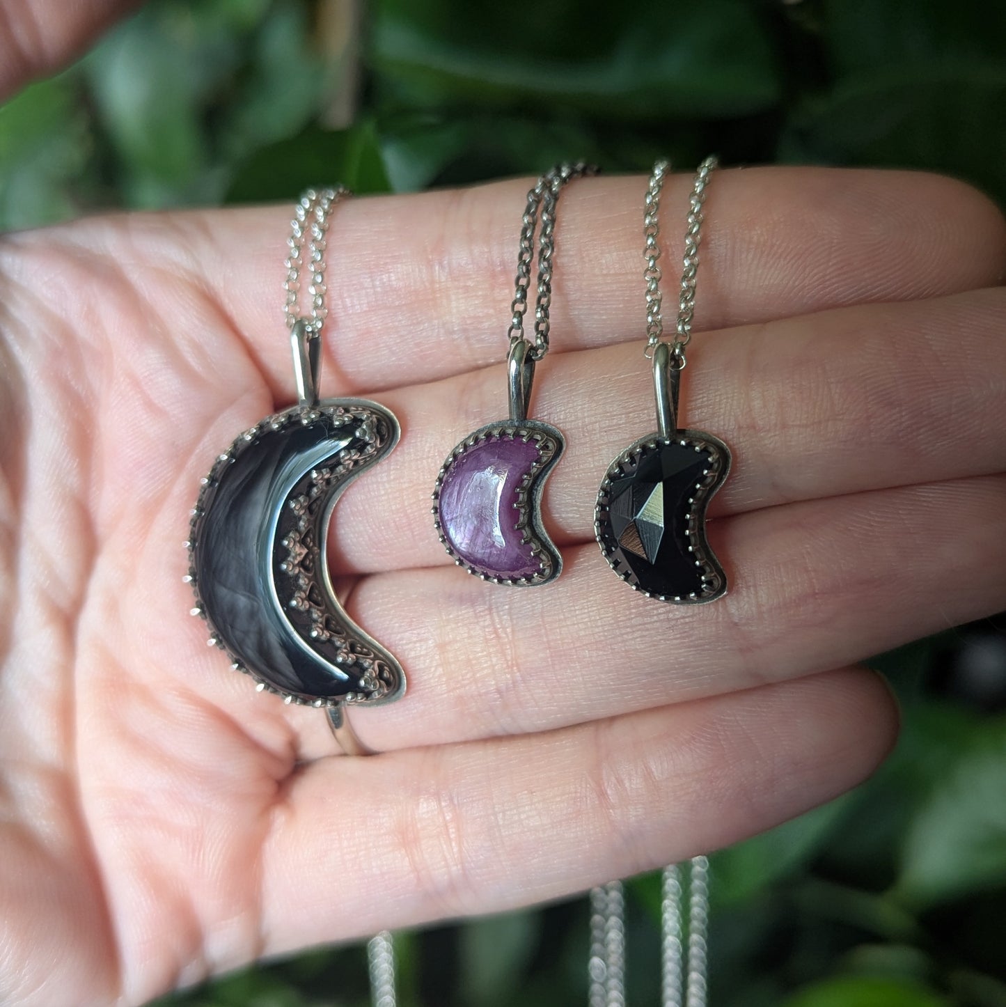 Sterling Silver Black Obsidian Crescent Moon Pendant Necklace 18"