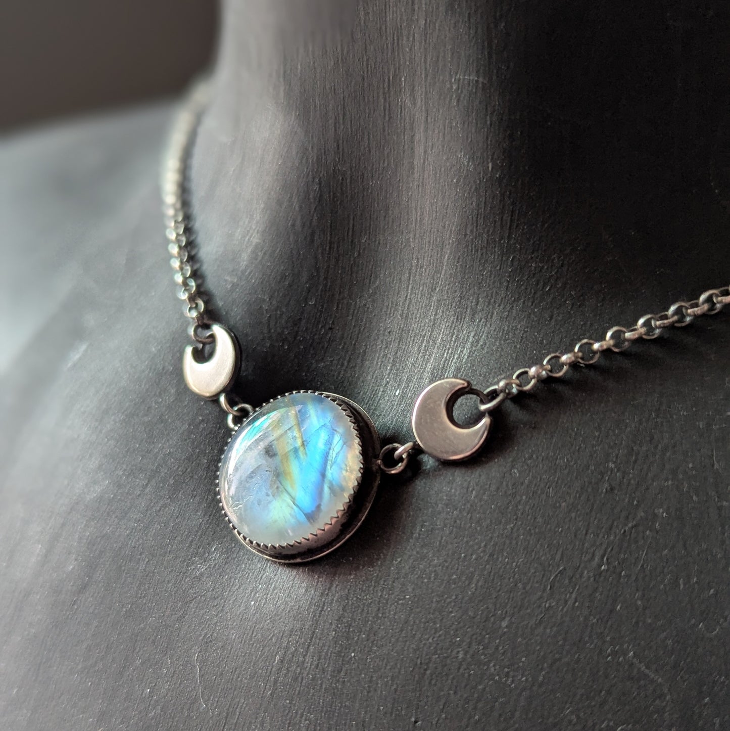 925 Sterling Silver Rainbow Moonstone Dainty Celestial Necklace | 15-17"