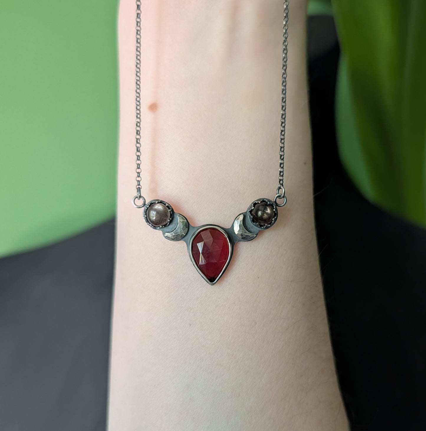 Sterling Silver Celestial Hessonite Garnet and Black Fire Moonstone Moon Phase Necklace