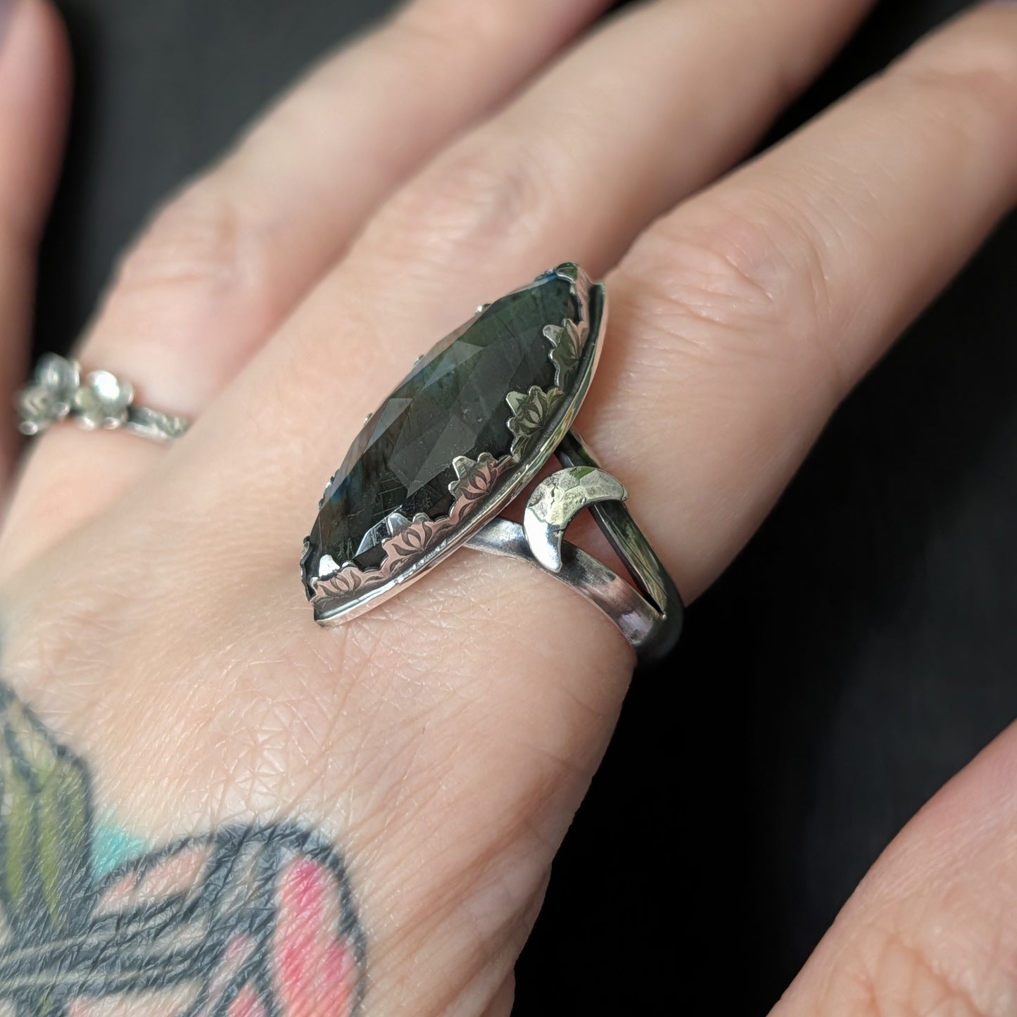 Sterling Silver Labradorite Spectrolite Crescent Moon Celestial Ring