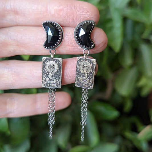 925 Sterling Silver Black Onyx Crescent Moon Snake Tarot Inspired Chain Tassel Dangle Earrings