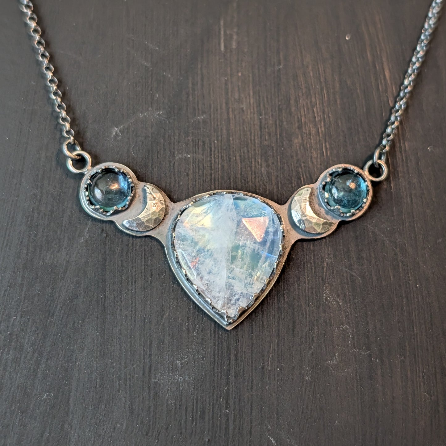 Sterling Silver Celestial Moonstone Aquamarine Moon Phase Necklace