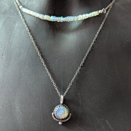 925 Darkened Sterling Silver Ethiopian Opal Layering Necklaces | Choker and Pendant Necklace