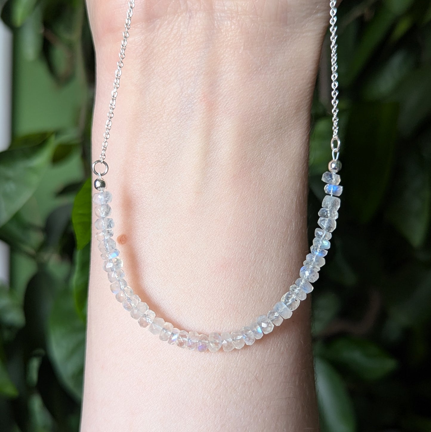 925 Sterling Silver Rainbow Moonstone Dainty Choker 15-17"