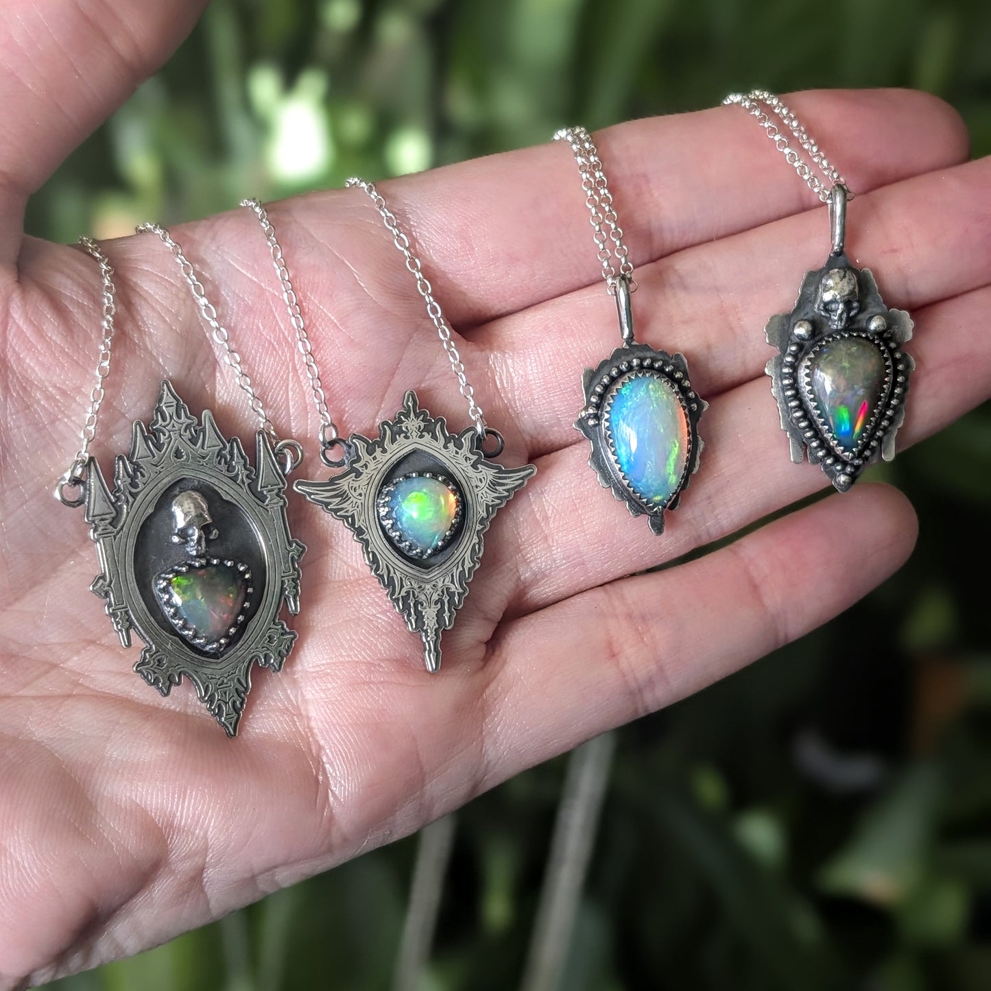 Bright Opal Gothic Mirror Pendant Necklace