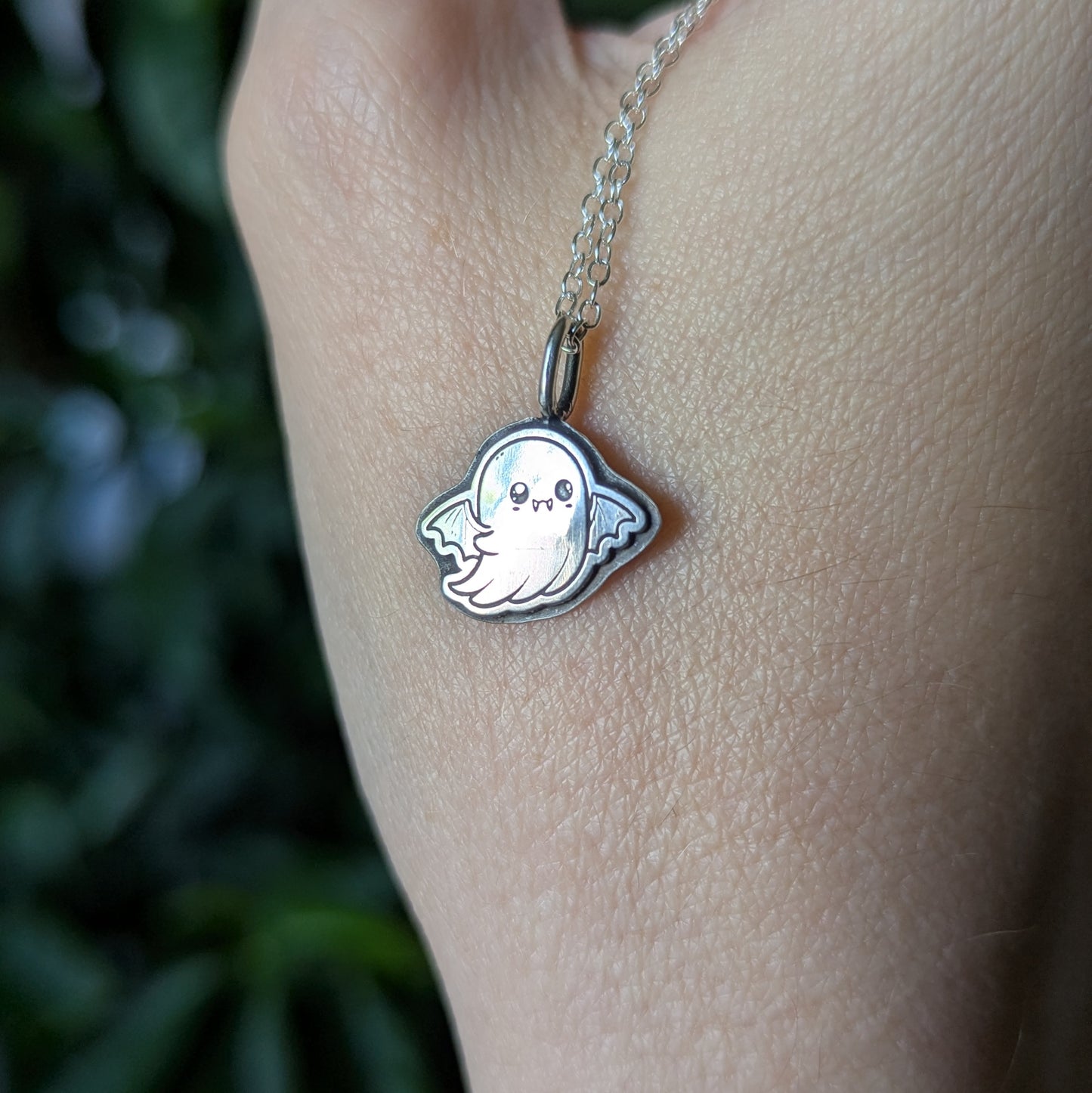 925 Sterling Silver Cute Ghost Pendant Necklace 18"