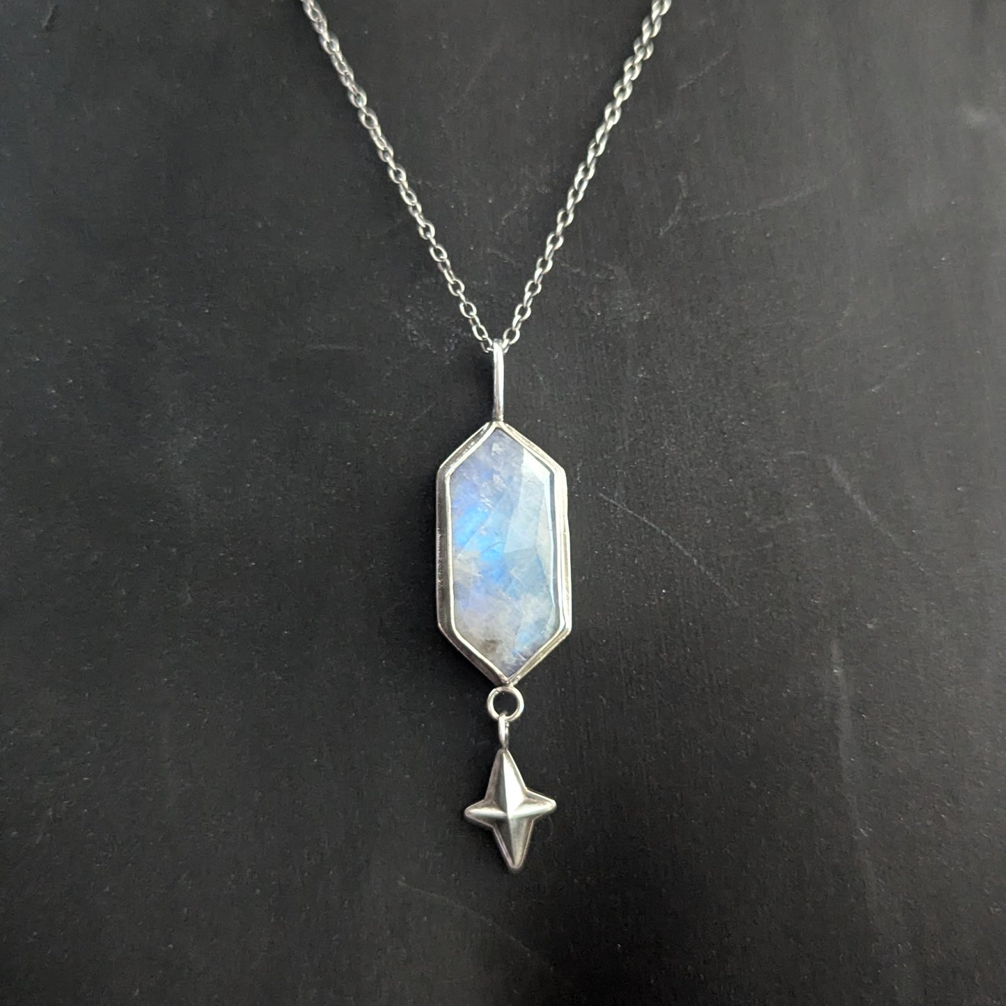 925 Sterling Silver Rainbow Moonstone Celestial Star Dainty Pendant Necklace | 18"
