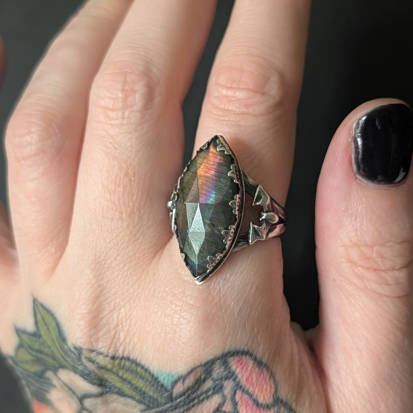 Sterling Silver Gothic Labradorite Spectrolite Bat Ring | Size 9