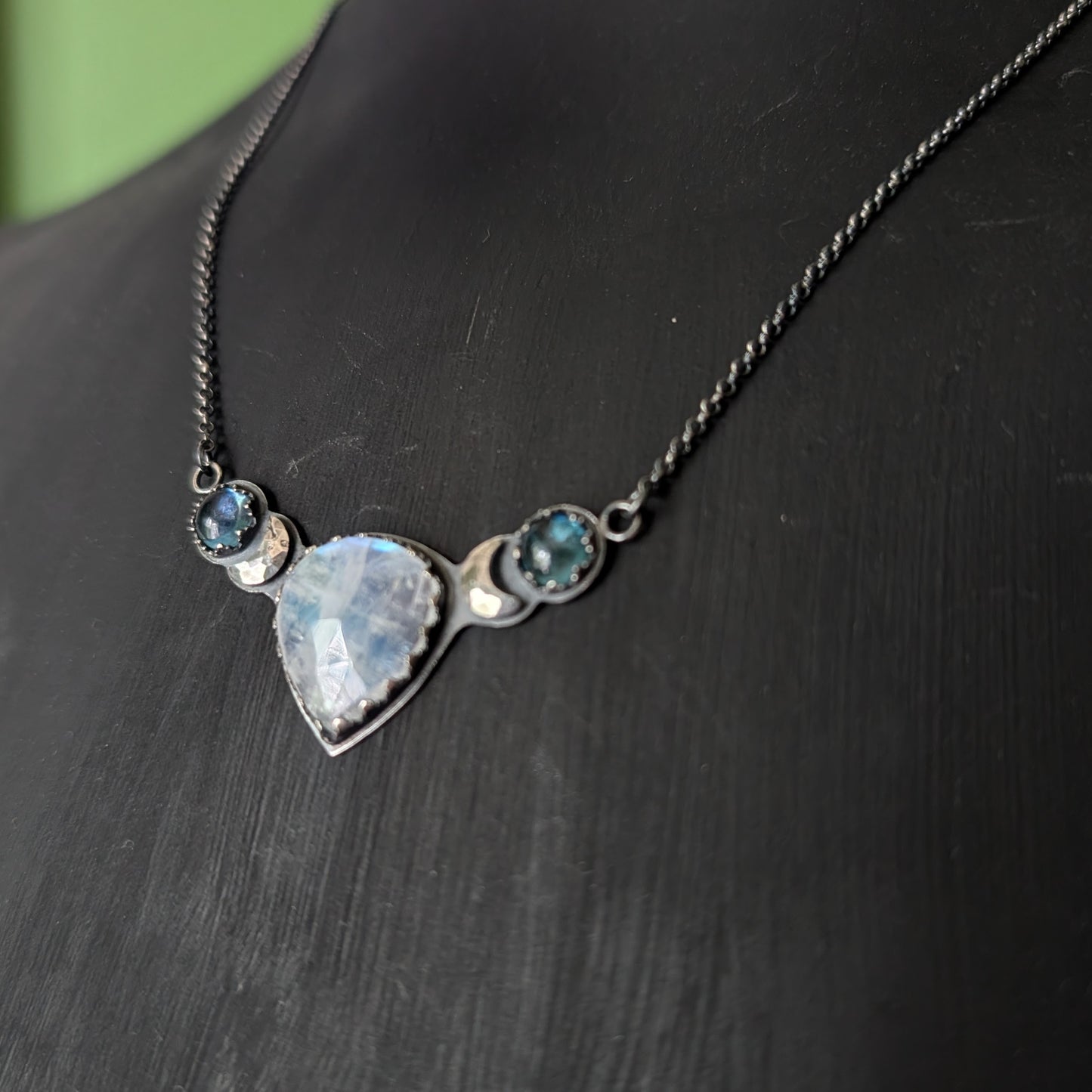 Sterling Silver Celestial Moonstone Aquamarine Moon Phase Necklace