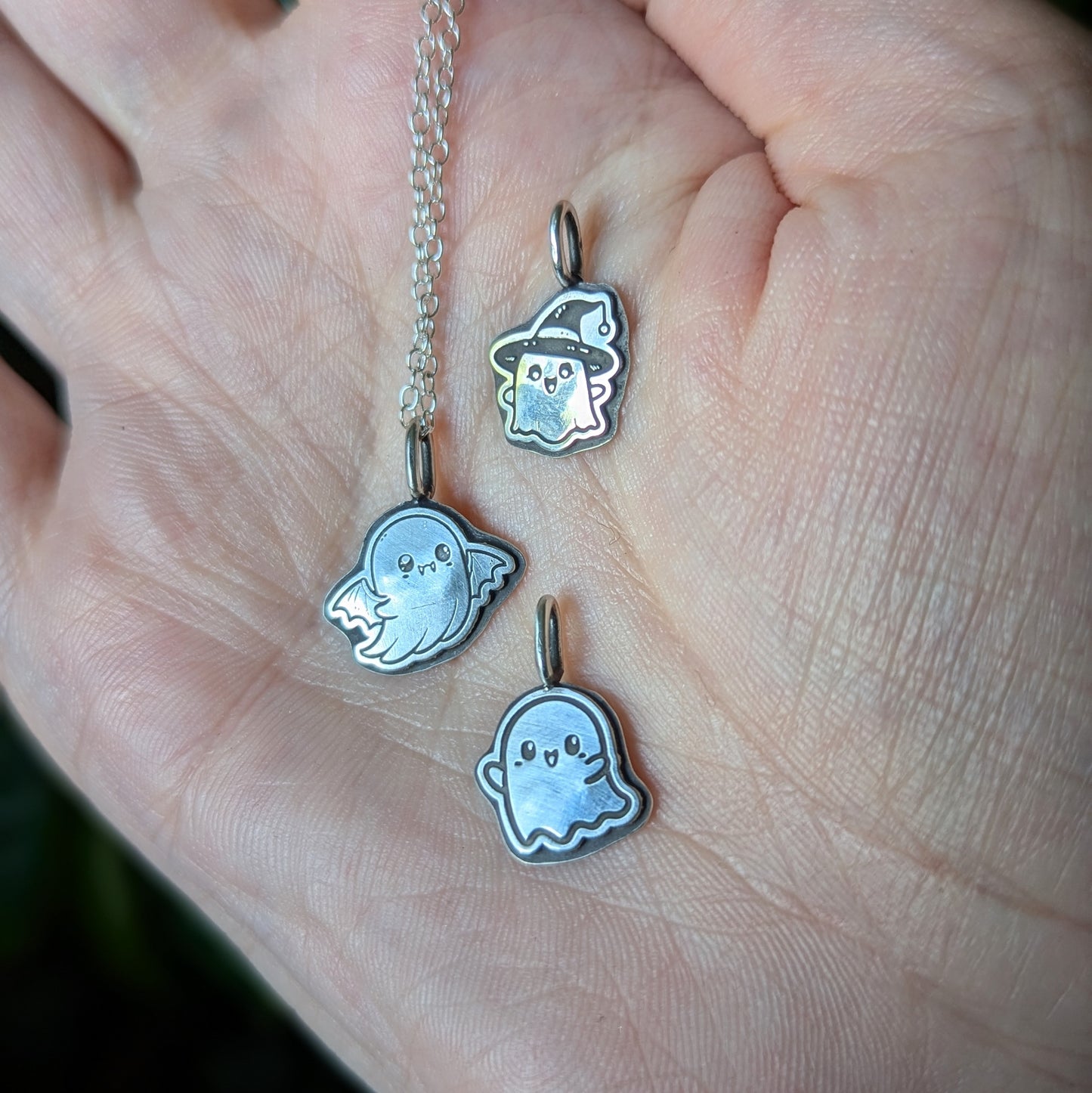 925 Sterling Silver Cute Ghost Pendant Necklace 18"