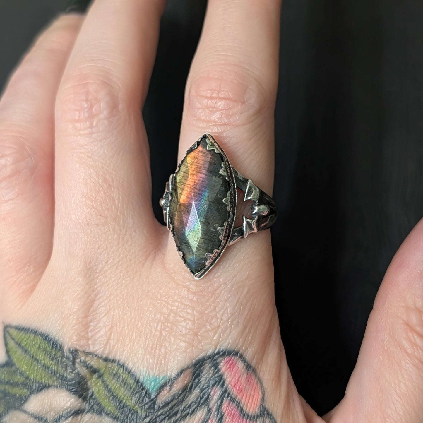 Sterling Silver Gothic Labradorite Spectrolite Bat Ring | Size 9