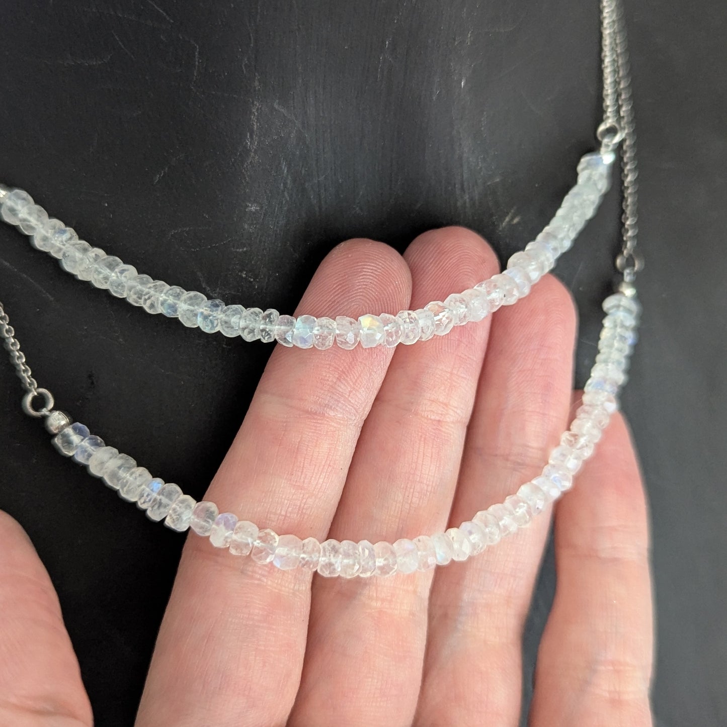 925 Sterling Silver Rainbow Moonstone Dainty Choker 15-17"