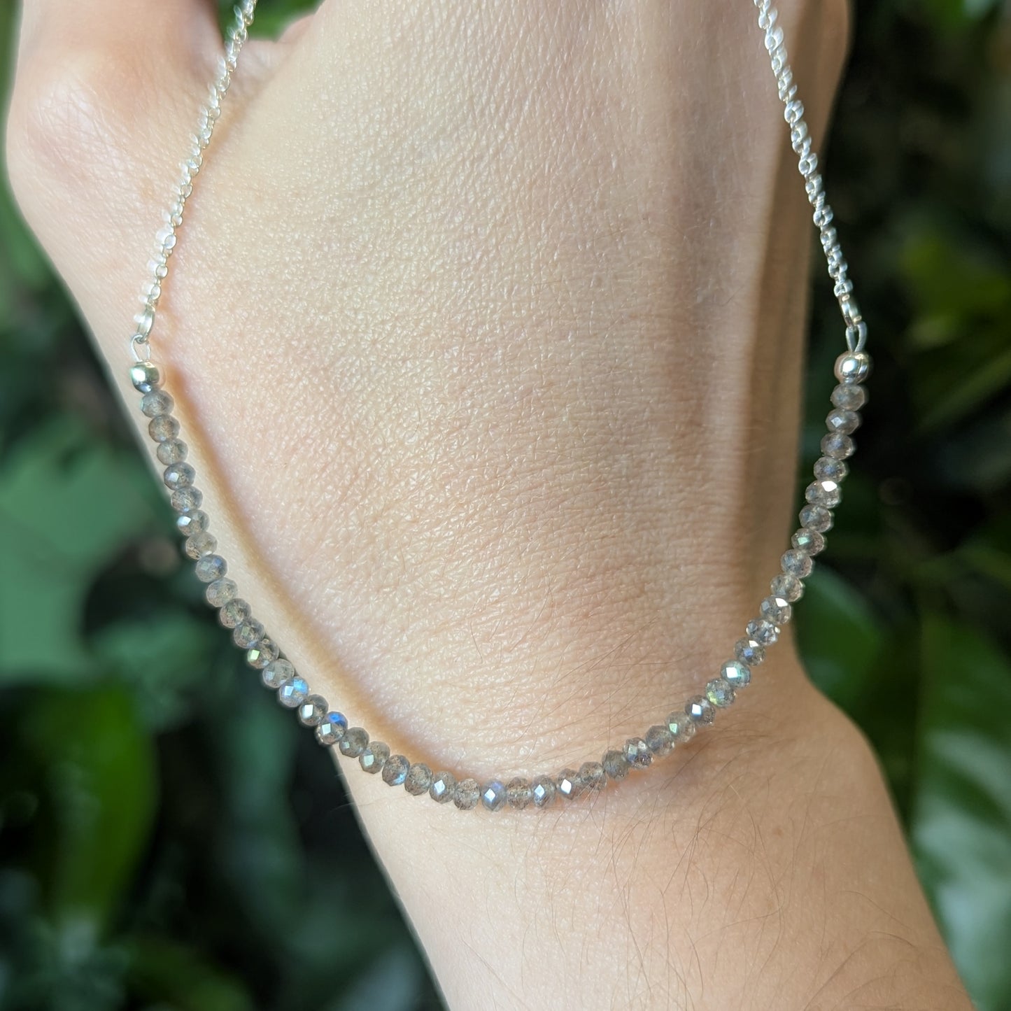 925 Sterling Silver Faceted Labradorite Dainty Choker Necklace | 15-17"