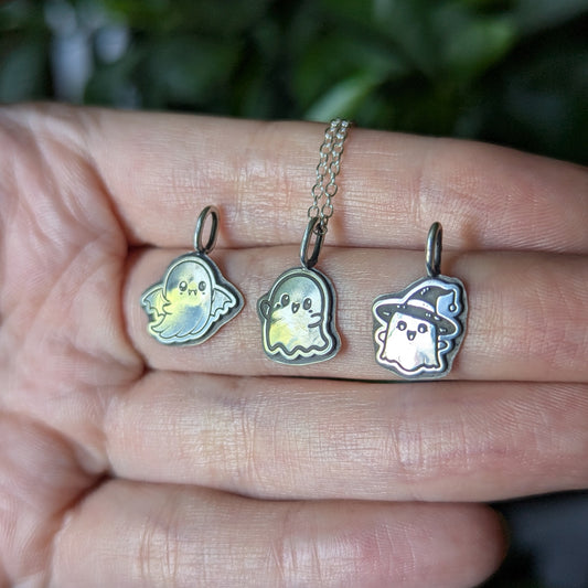 925 Sterling Silver Cute Ghost Pendant Necklace 18"