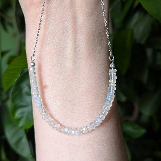 925 Sterling Silver Rainbow Moonstone Dainty Choker 15-17"