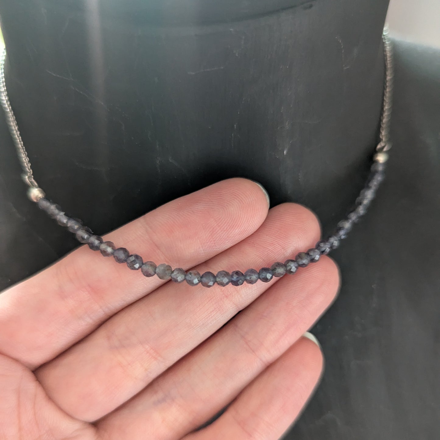 925 Sterling Silver Faceted Iolite Dainty Choker Necklace | 15-17"