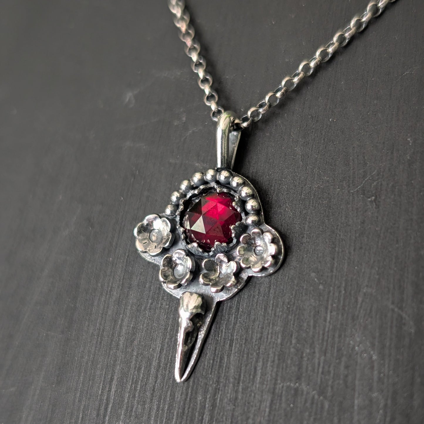 Sterling Silver Raven Rhodolite Garnet Floral Pendant Necklace