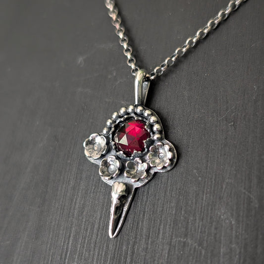 Sterling Silver Raven Rhodolite Garnet Floral Pendant Necklace