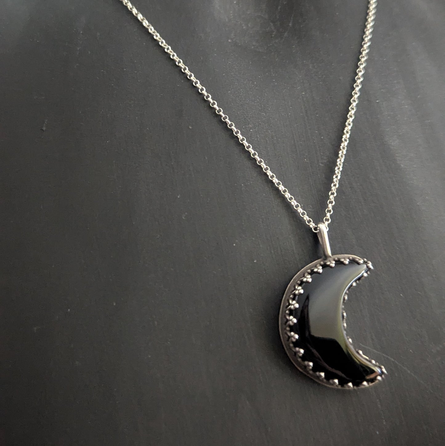 Sterling Silver Black Obsidian Crescent Moon Pendant Necklace 18"