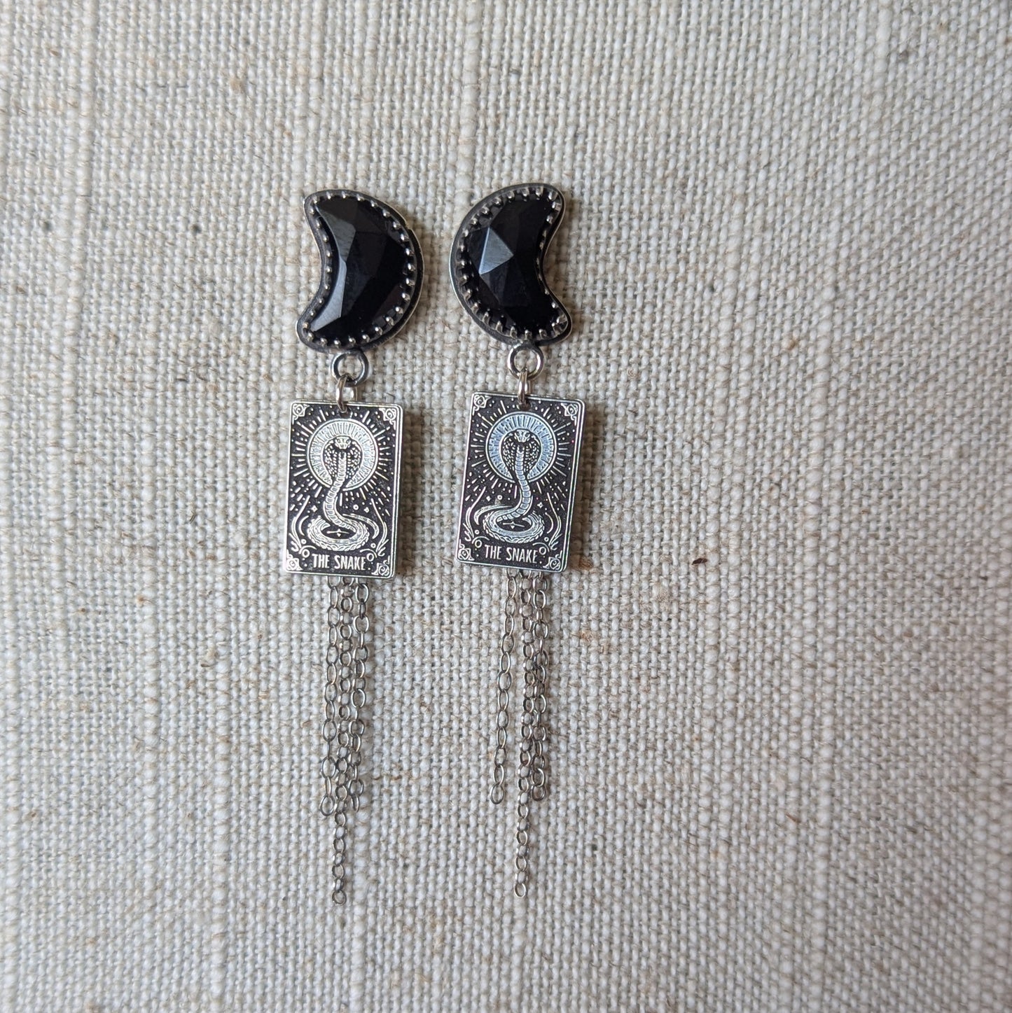 925 Sterling Silver Black Onyx Crescent Moon Snake Tarot Inspired Chain Tassel Dangle Earrings