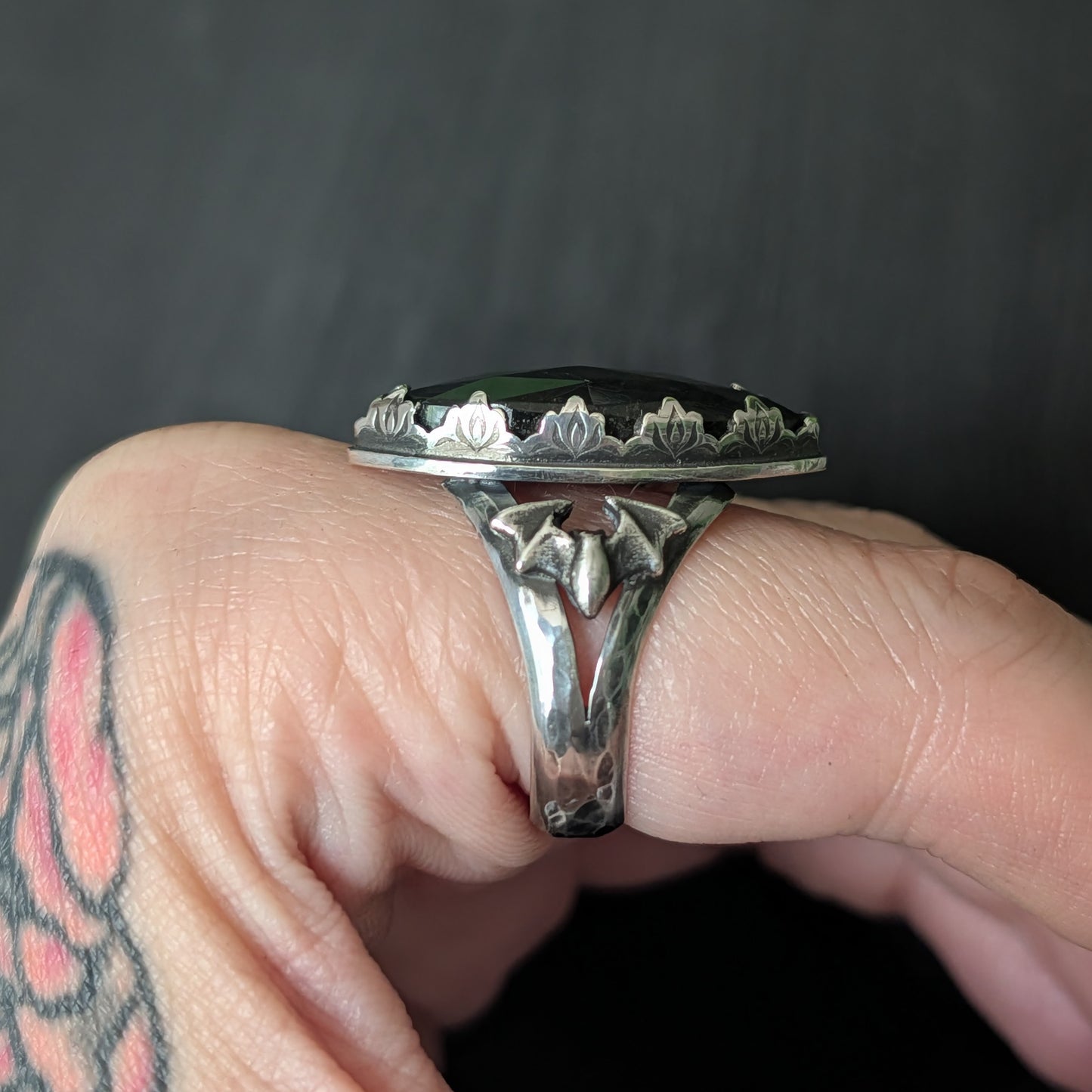 Sterling Silver Gothic Labradorite Spectrolite Bat Ring | Size 9