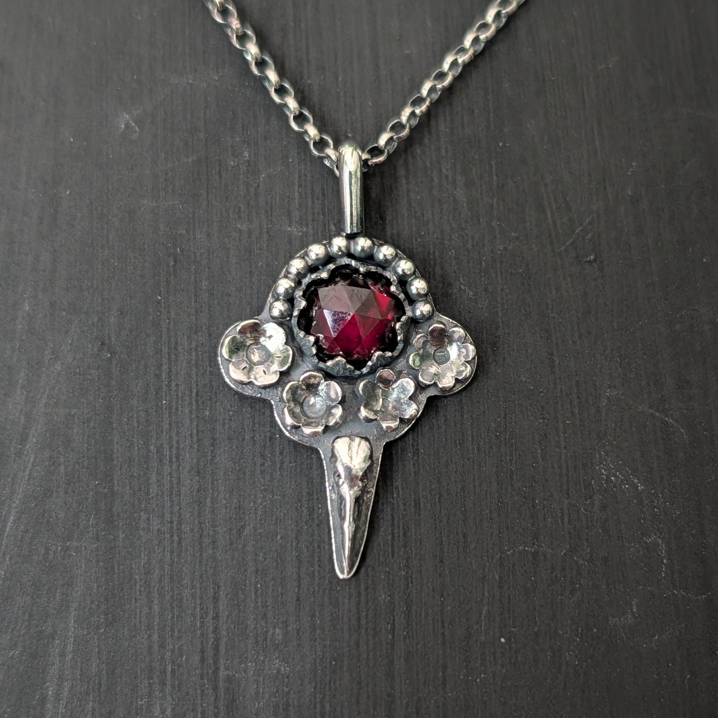 Sterling Silver Raven Rhodolite Garnet Floral Pendant Necklace