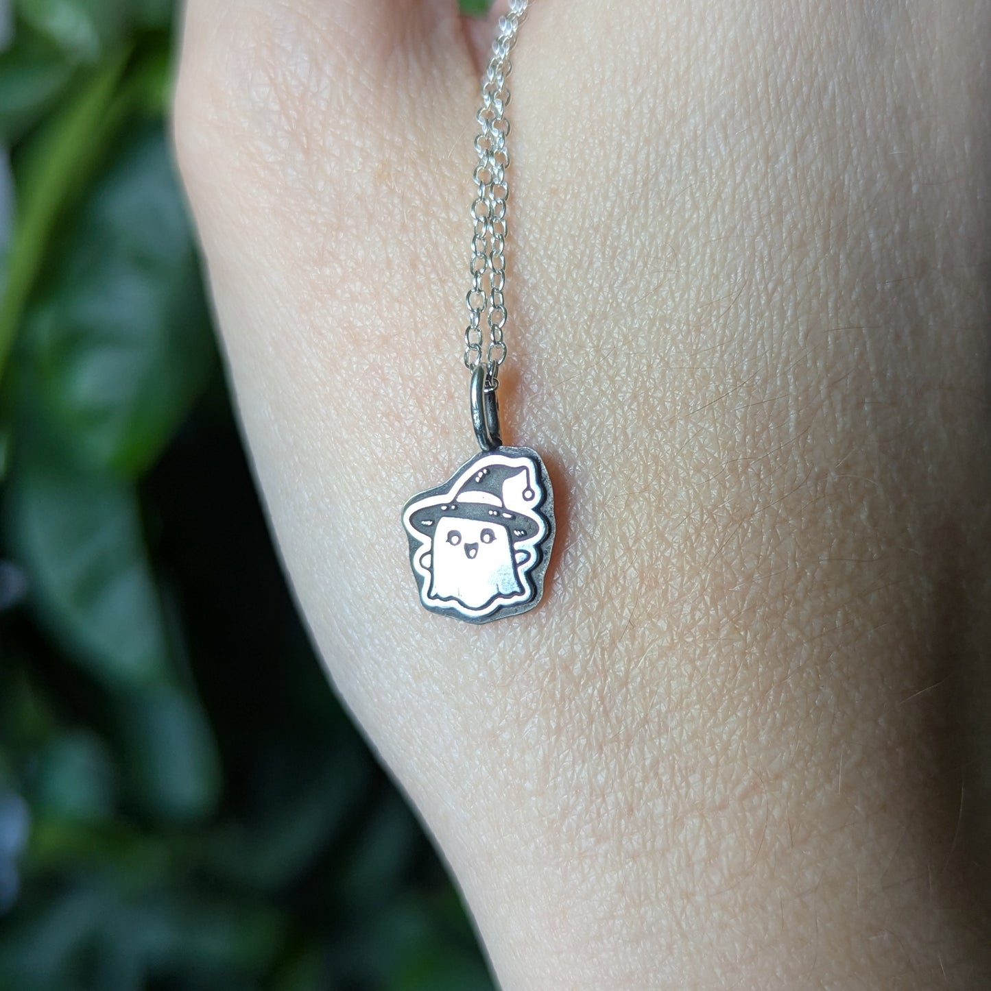 925 Sterling Silver Cute Ghost Pendant Necklace 18"