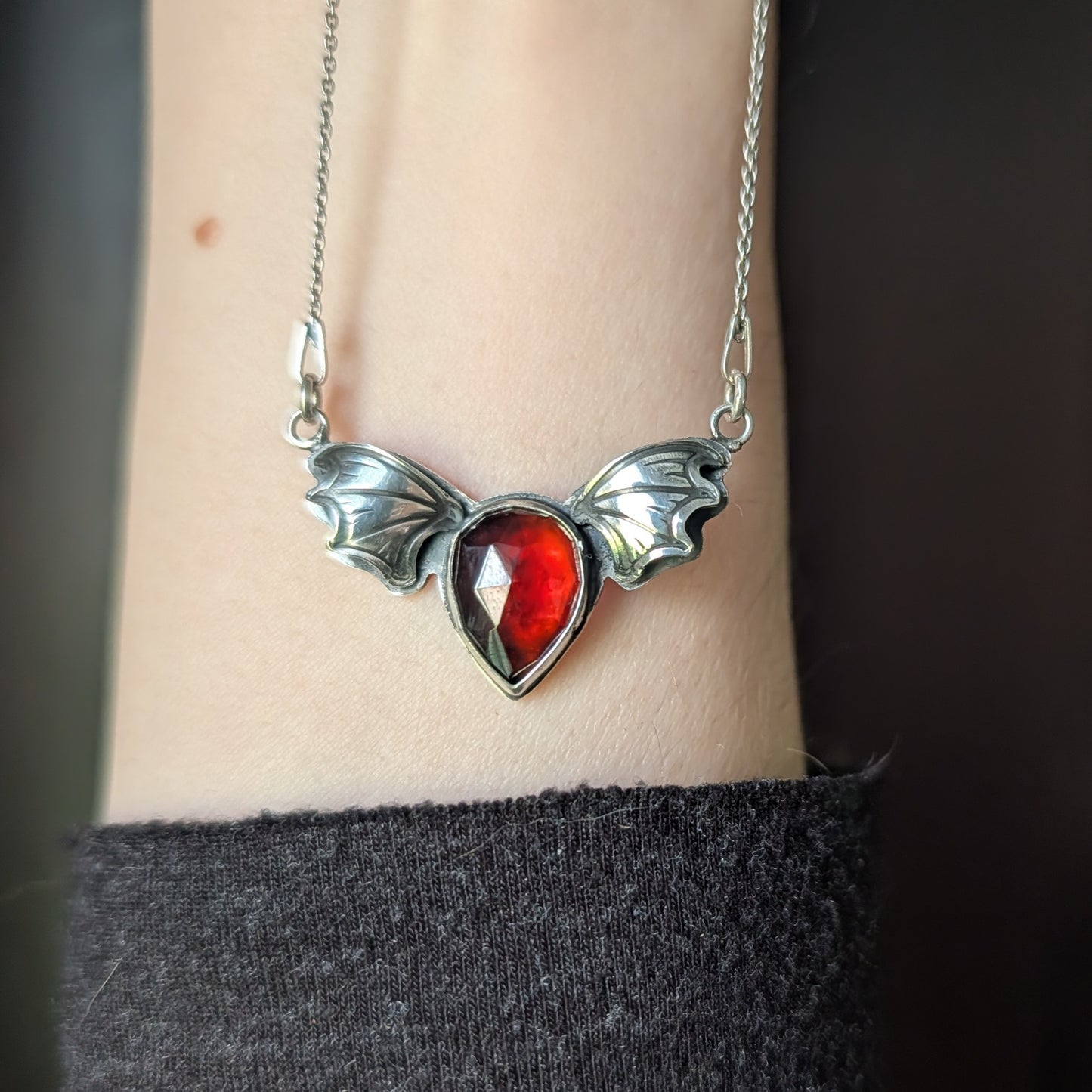 Sterling Silver Hessonite Garnet Bat Wing Necklace