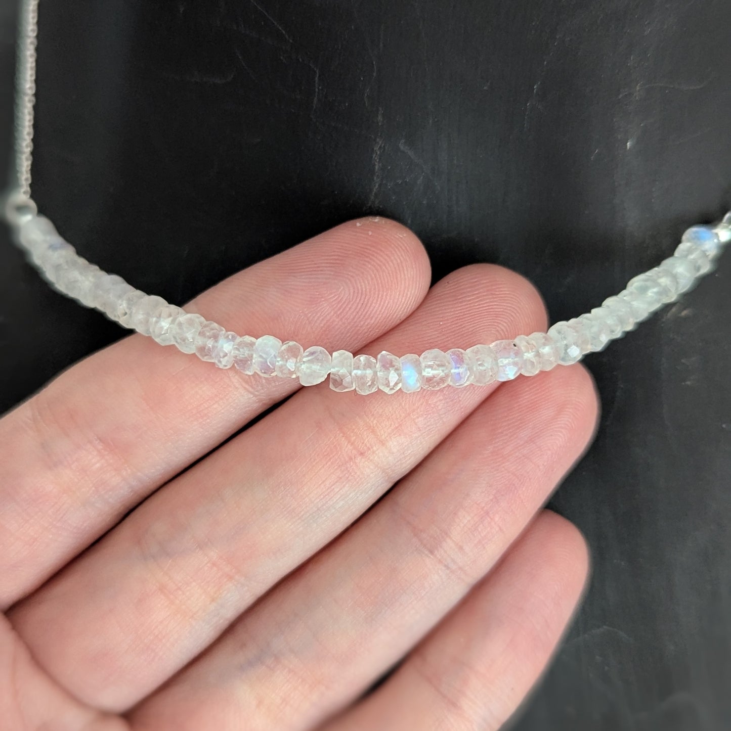 925 Sterling Silver Rainbow Moonstone Dainty Choker 15-17"