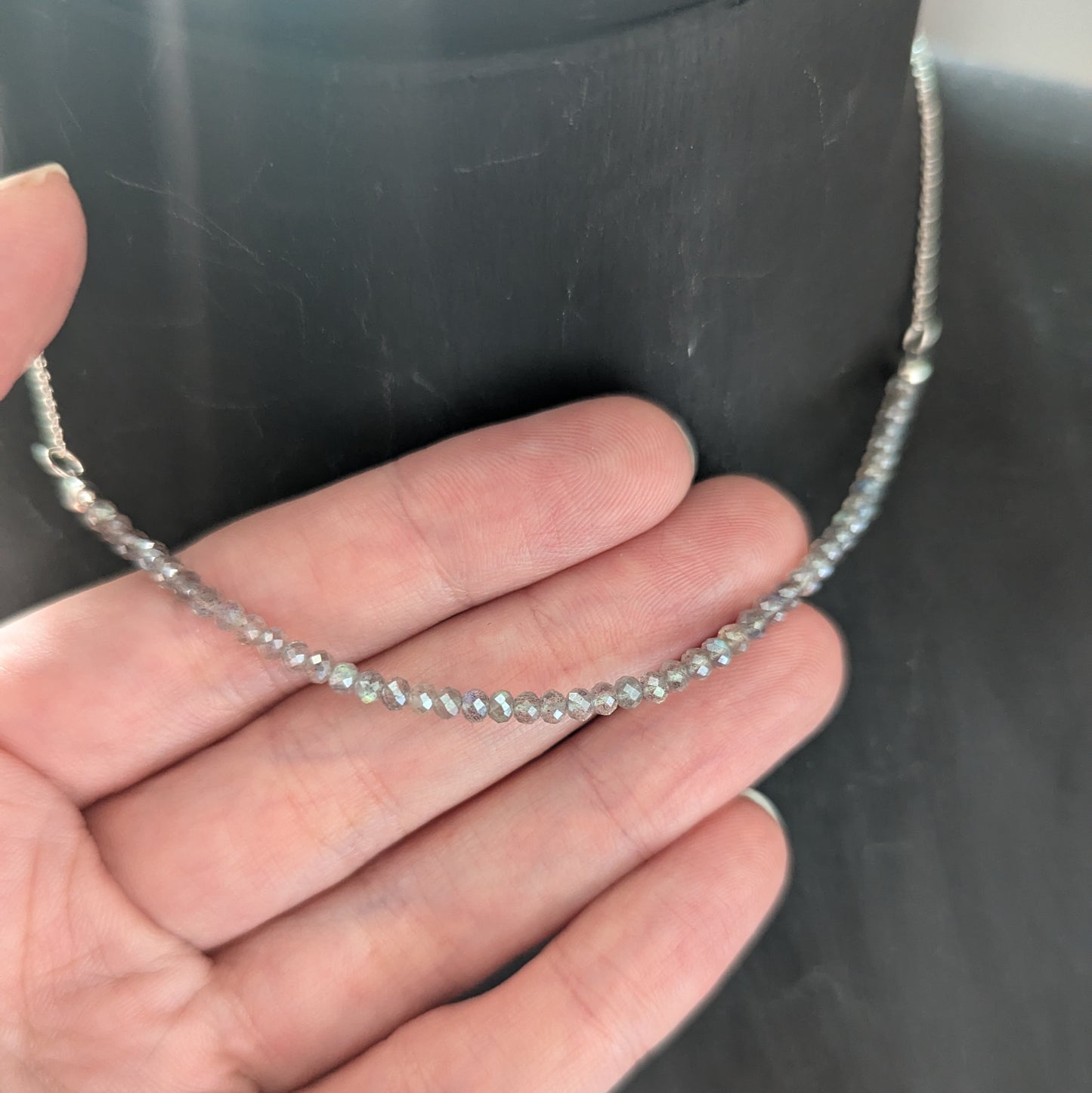 925 Sterling Silver Faceted Labradorite Dainty Choker Necklace | 15-17"