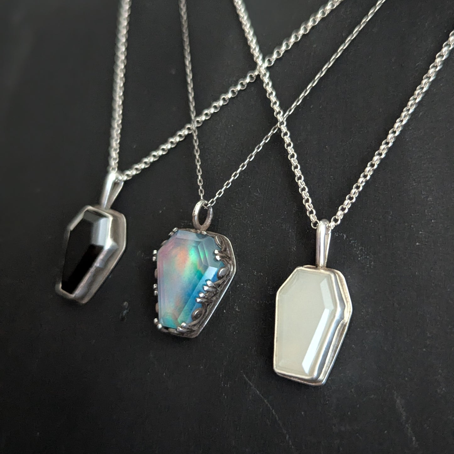 Sterling Silver Aurora Opal Coffin Pendant Necklace 18"