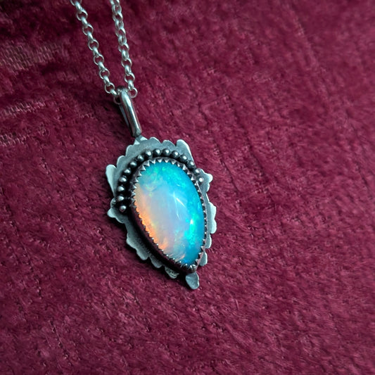 Bright Opal Gothic Mirror Pendant Necklace