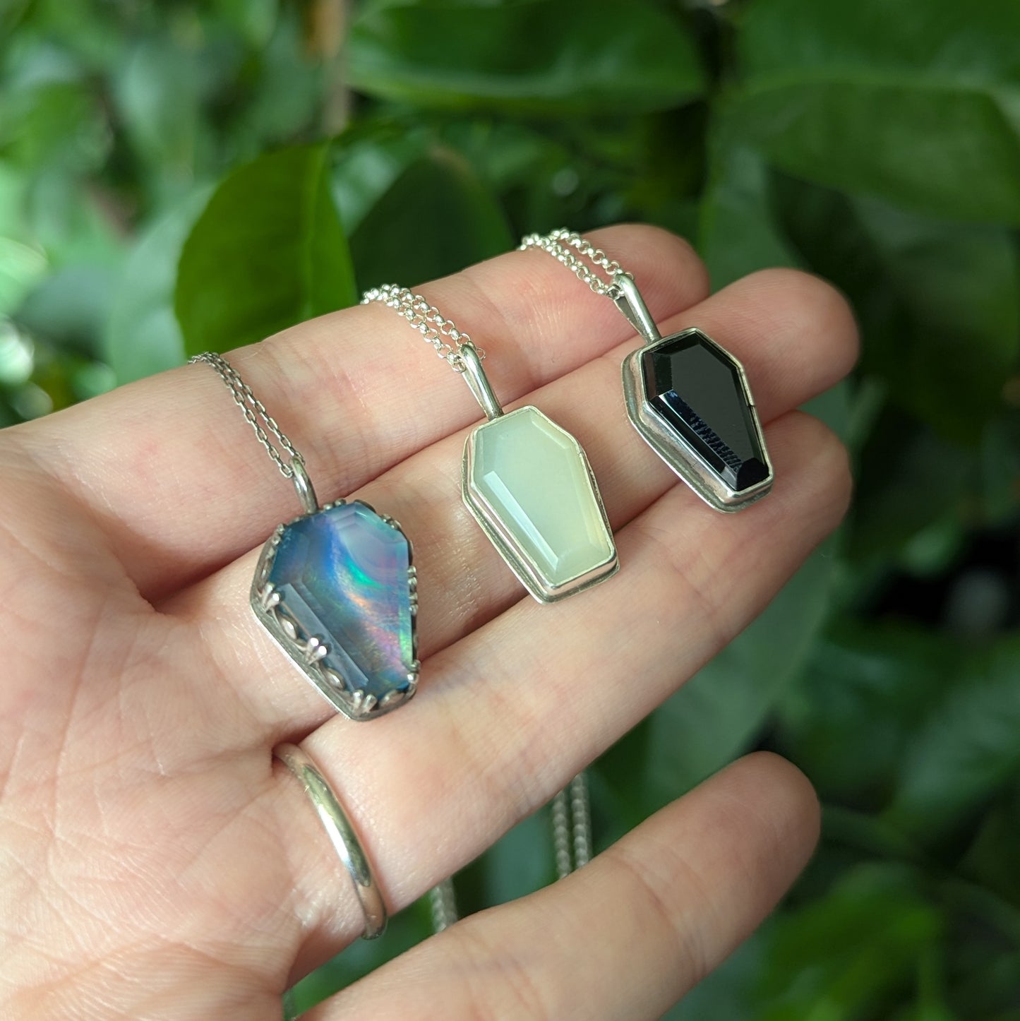 Sterling Silver Aurora Opal Coffin Pendant Necklace 18"