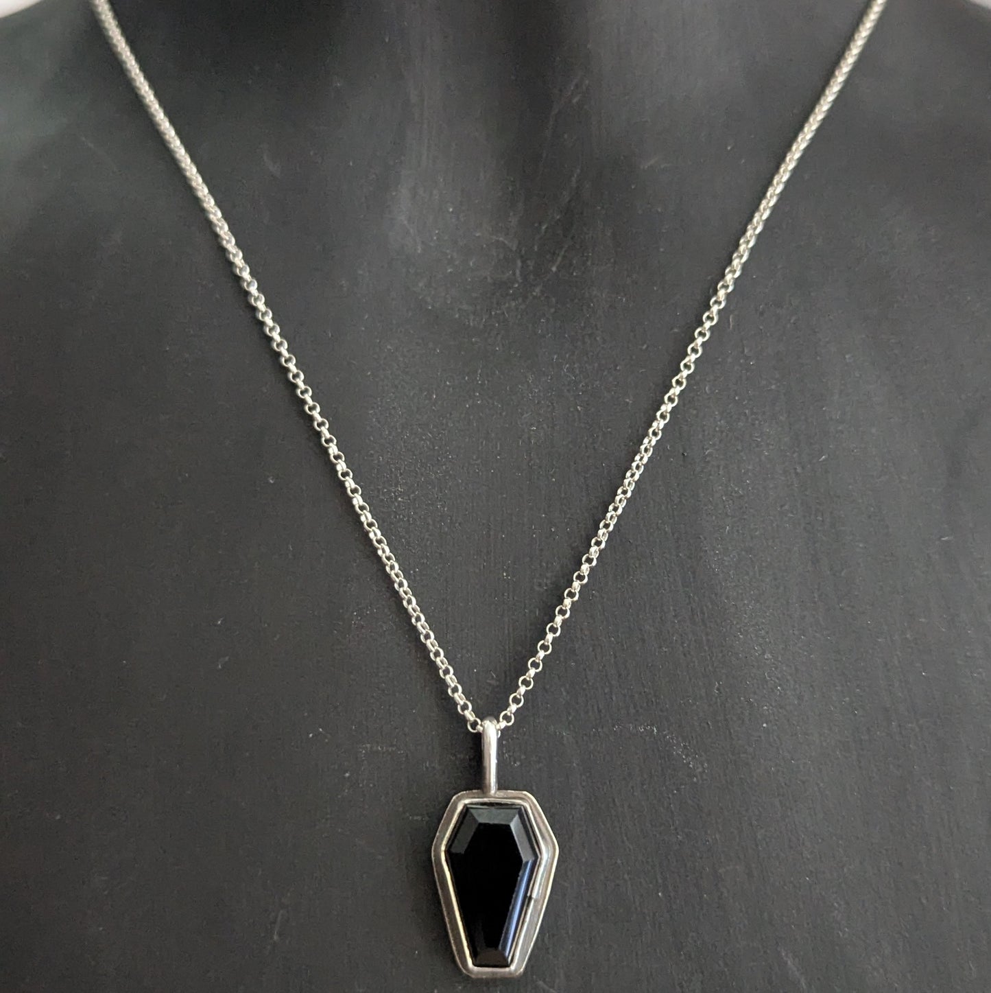 Sterling Silver Black Spinel Coffin Pendant Necklace 18"