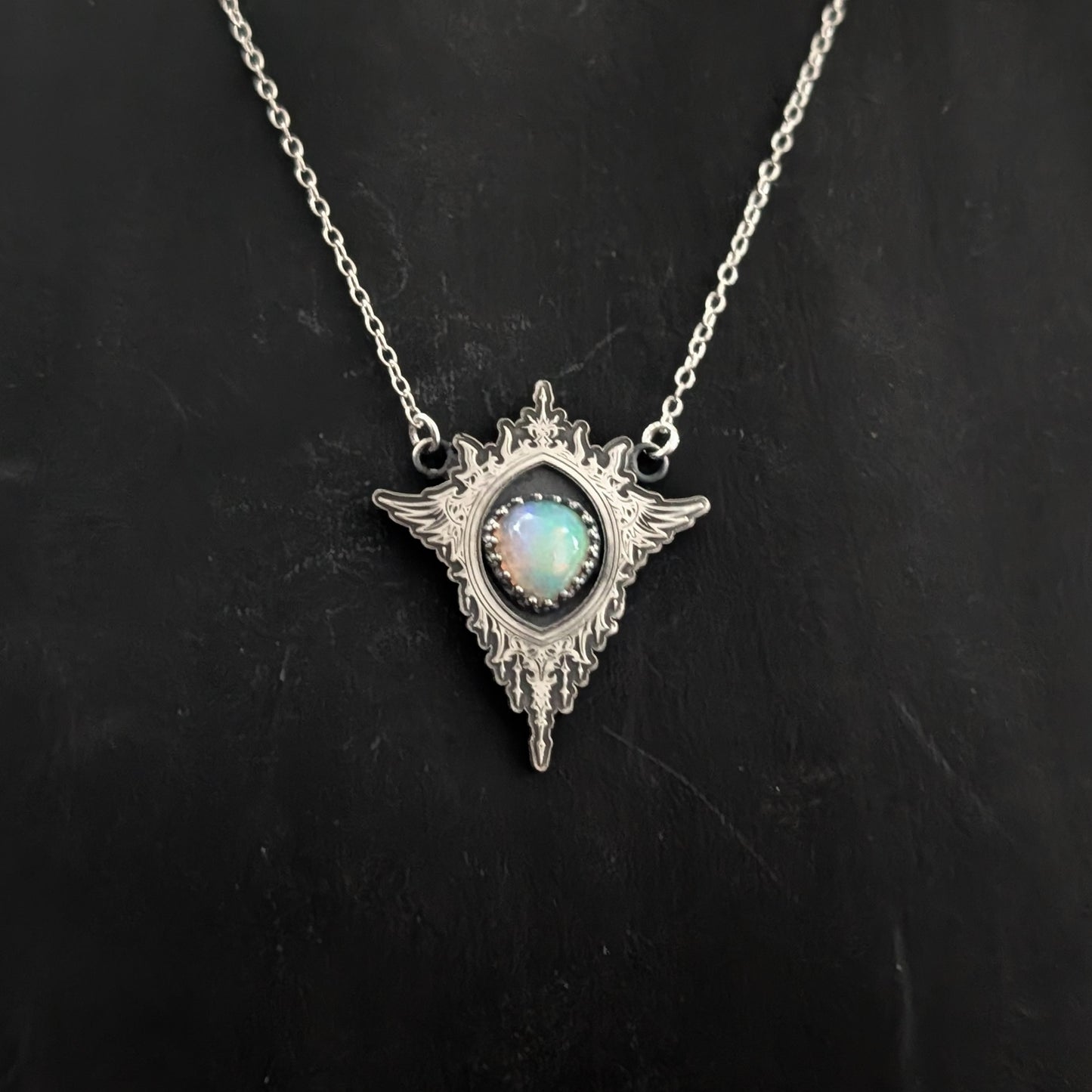 Bright Opal Gothic Mirror Pendant Necklace