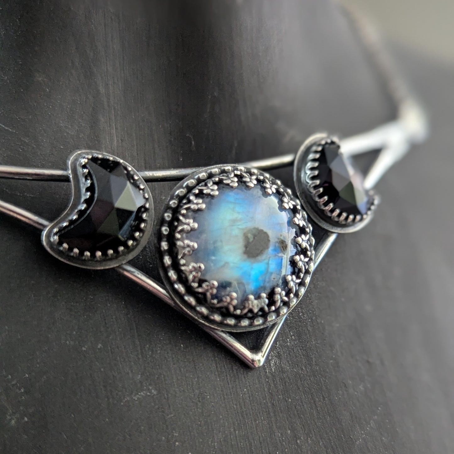 925 Sterling Silver Rainbow Moonstone and Black Onyx Crescent Moon Celestial Choker | 14"-16"