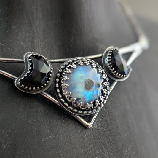 925 Sterling Silver Rainbow Moonstone and Black Onyx Crescent Moon Celestial Choker | 14"-16"