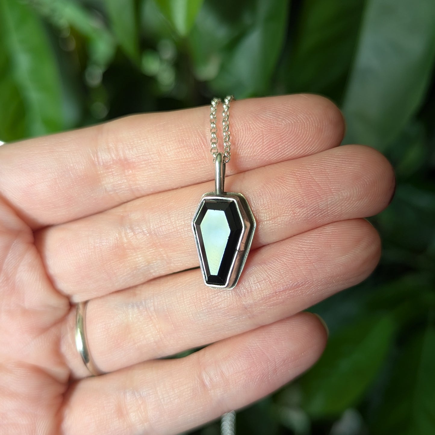 Sterling Silver Black Spinel Coffin Pendant Necklace 18"