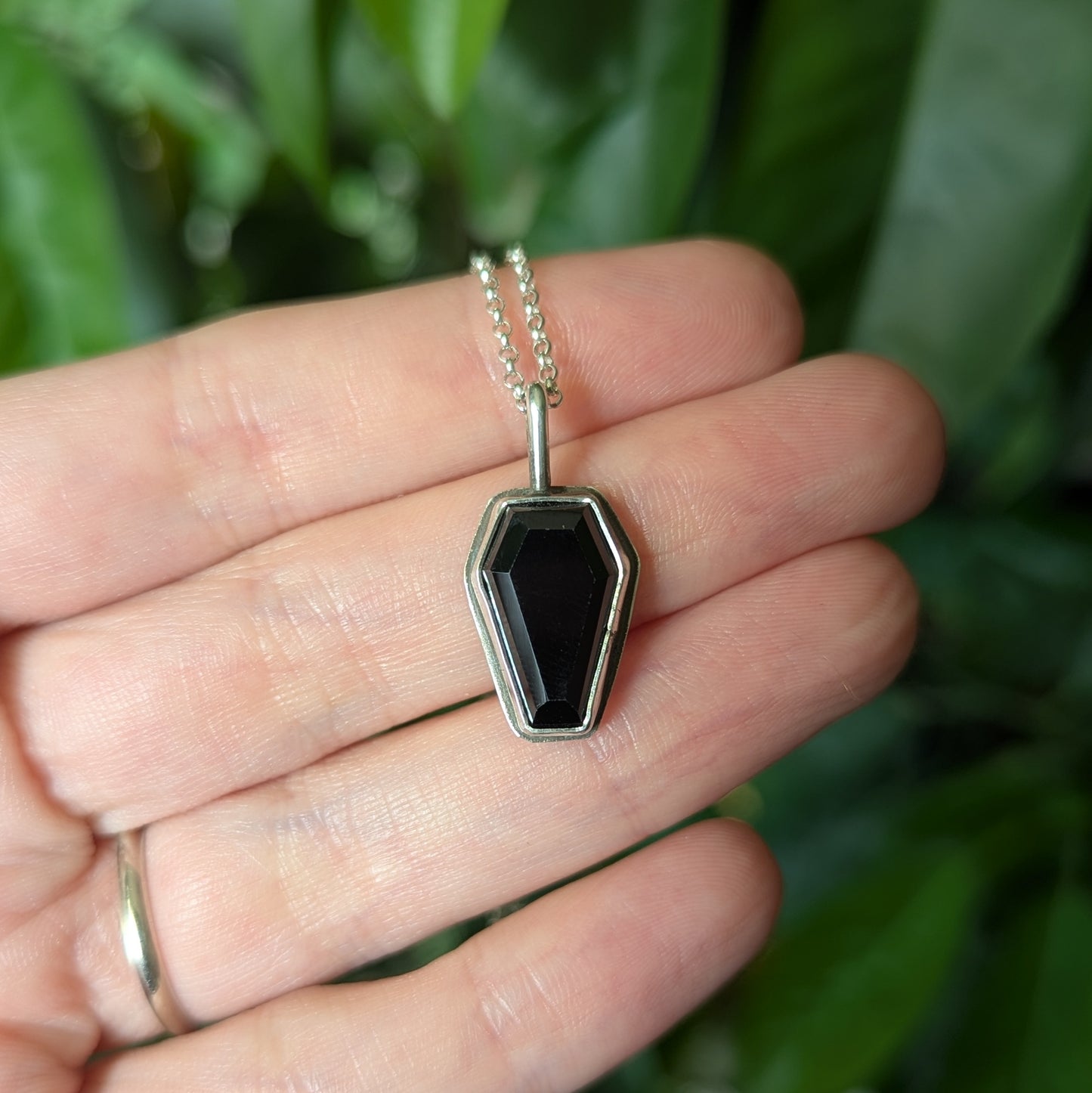 Sterling Silver Black Spinel Coffin Pendant Necklace 18"