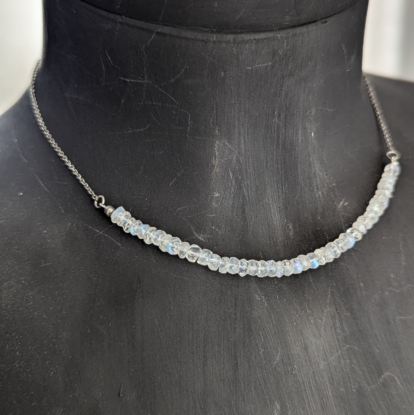 925 Sterling Silver Rainbow Moonstone Dainty Choker 15-17"