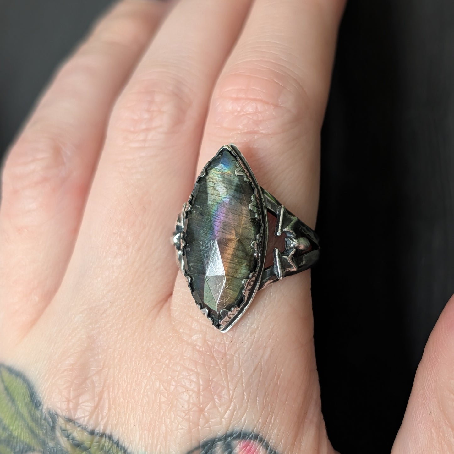 Sterling Silver Gothic Labradorite Spectrolite Bat Ring | Size 9