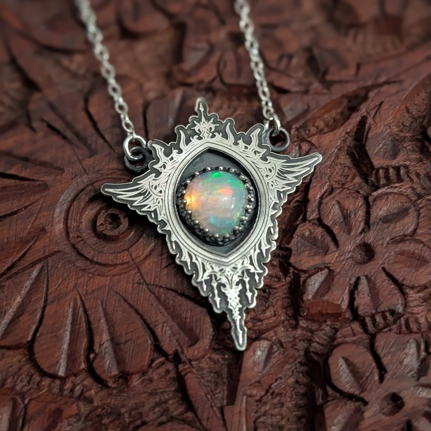 Bright Opal Gothic Mirror Pendant Necklace