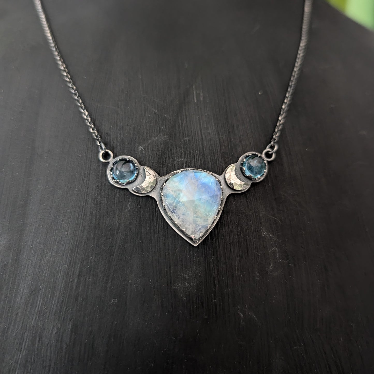 Sterling Silver Celestial Moonstone Aquamarine Moon Phase Necklace